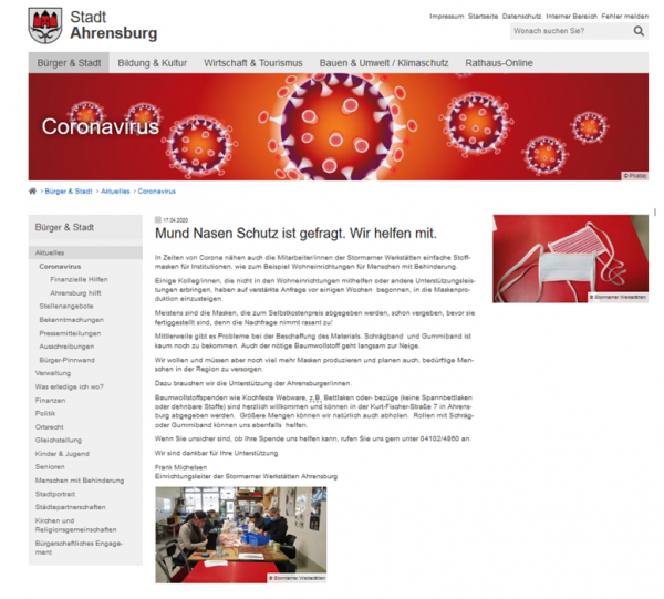 Ausschnitt Website Rathaus Corona masken